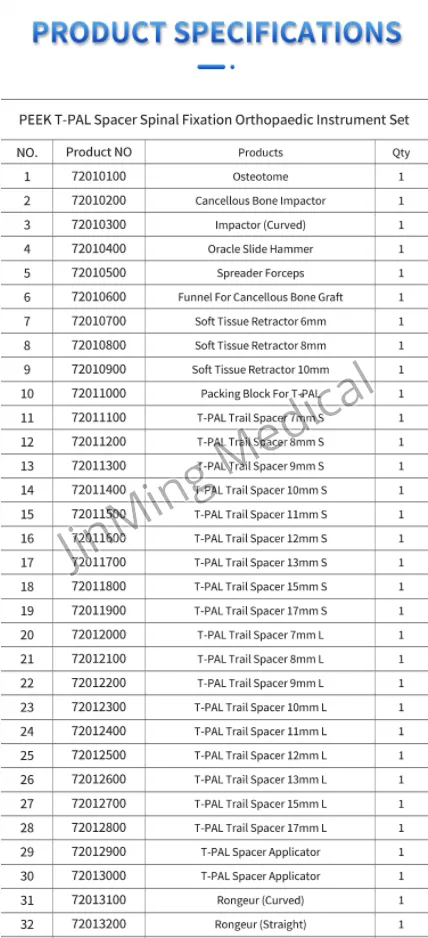 PEEK T-PAL Spacer Spinal Fixation Orthopaedic Instrument Set