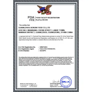 Food FDA registration certificate