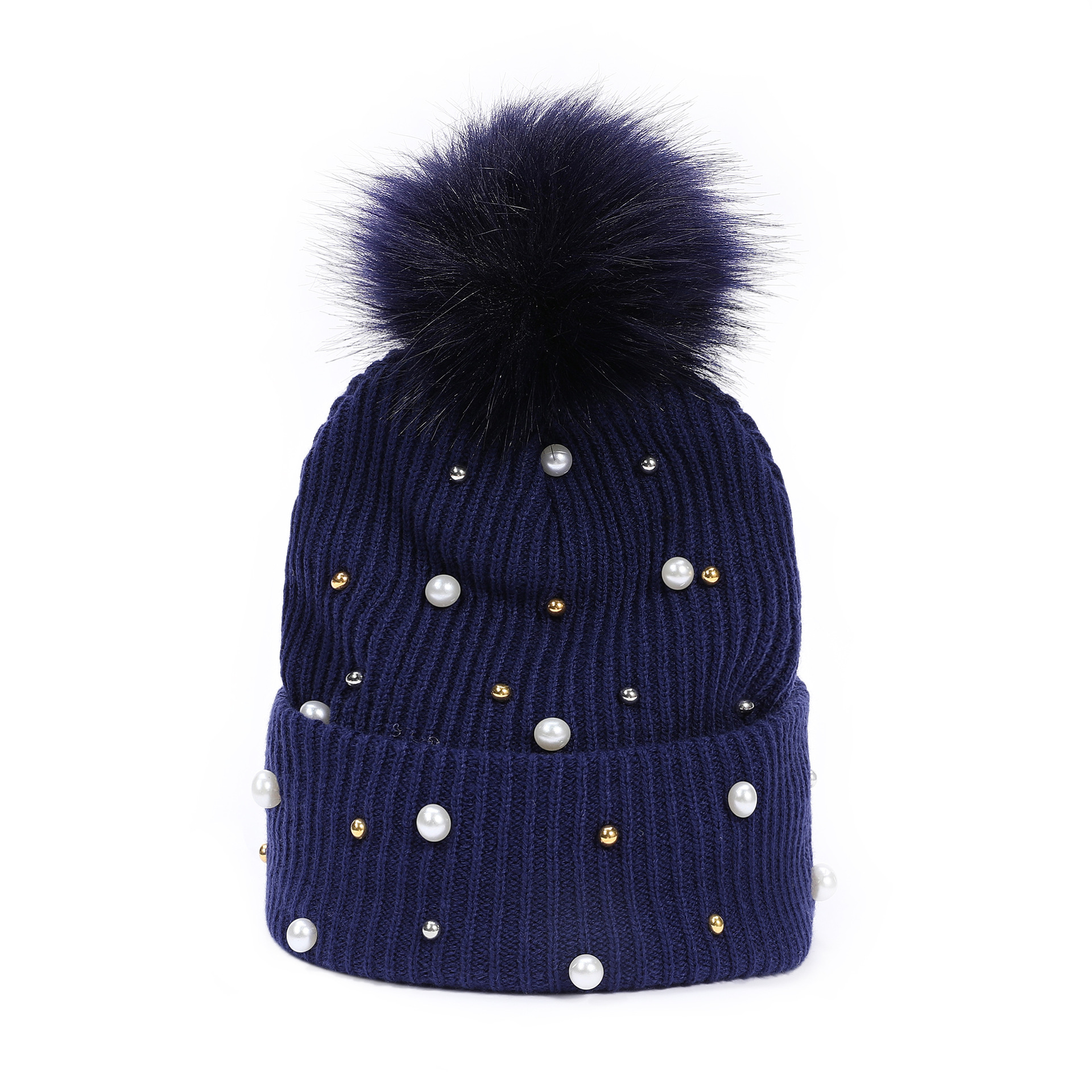 rivet pearl decorative knitted beanie hat