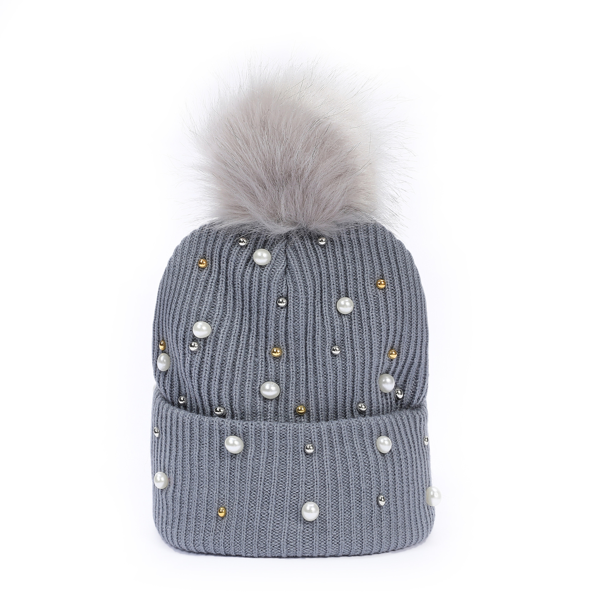 rivet pearl decorative knitted beanie hat