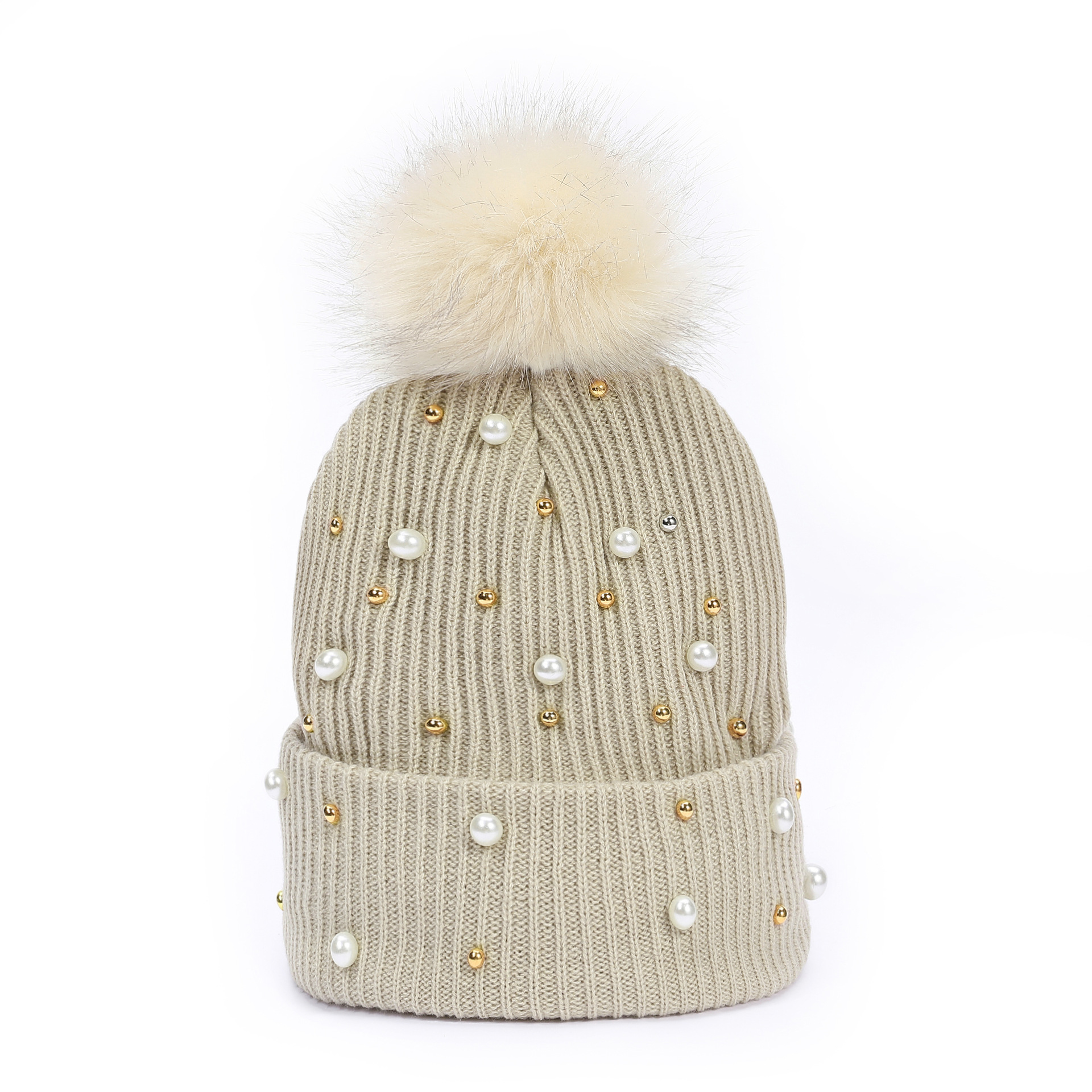 rivet pearl decorative knitted beanie hat