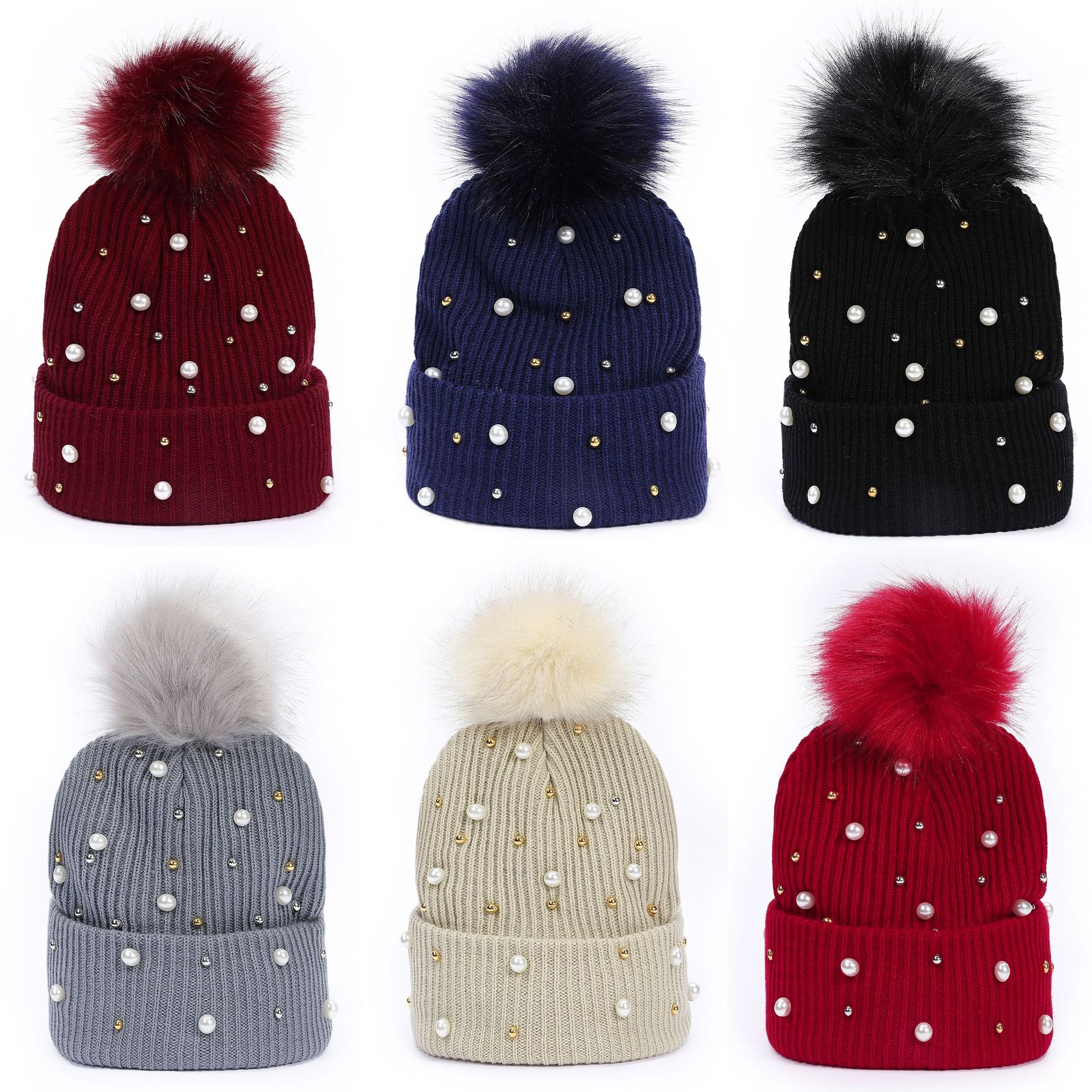 rivet pearl decorative knitted beanie hat