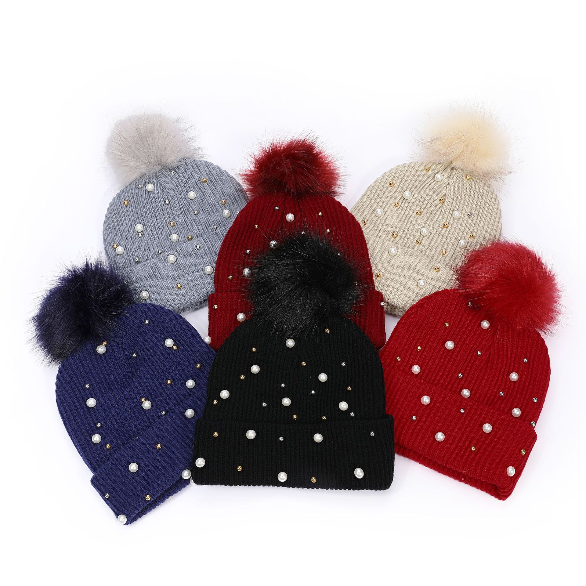 rivet pearl decorative knitted beanie hat