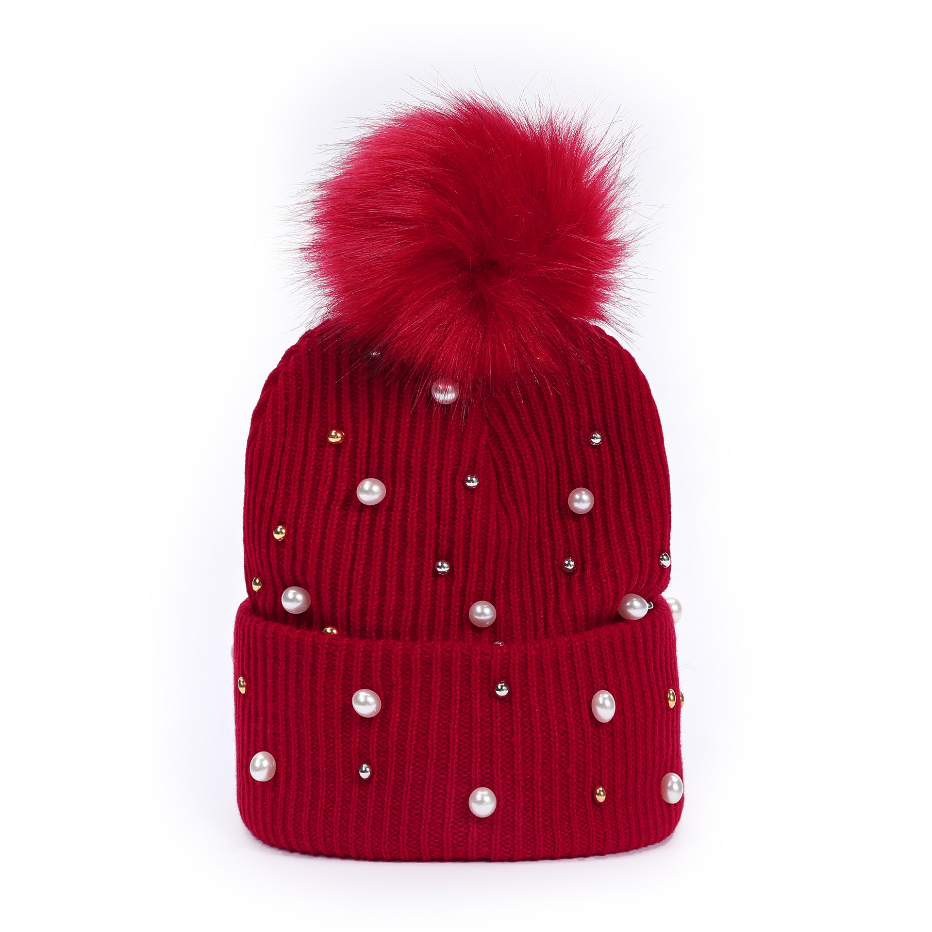 rivet pearl decorative knitted beanie hat