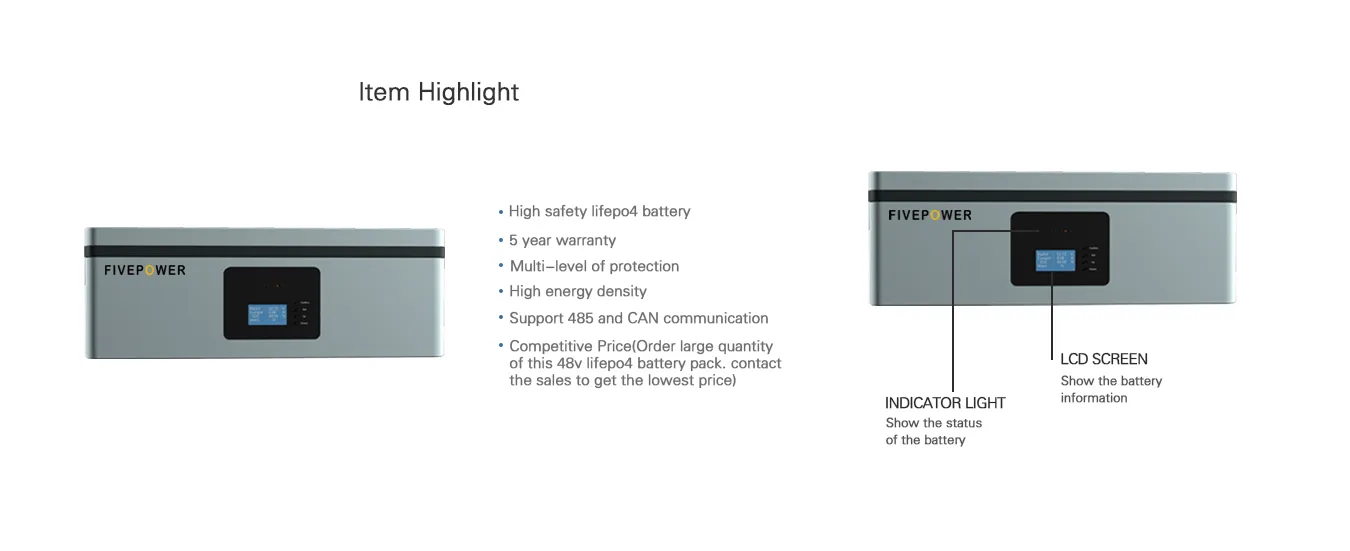 Fivepower Stackable LiFePO4 Solar Batttery Pack 48V 100AH 5KWh Lithium Iron Phosphate Battery energy storage for home