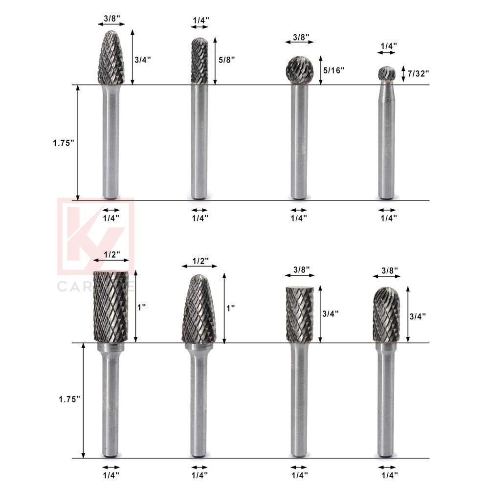 1/4'' Shank 8pcs Double Cut Solid Carbide Rotary Burr Bits Set