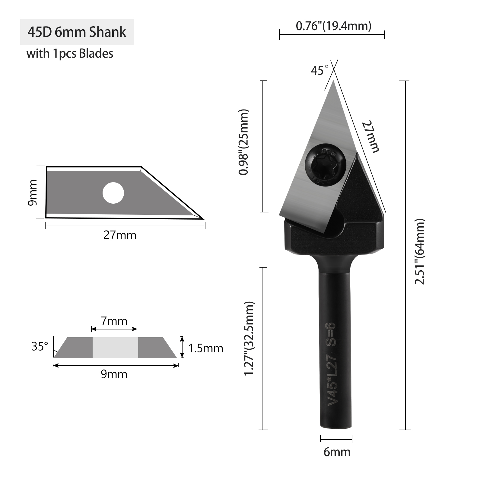 45 Degree V-Groove Chamfer Router Bit With Carbide Insert