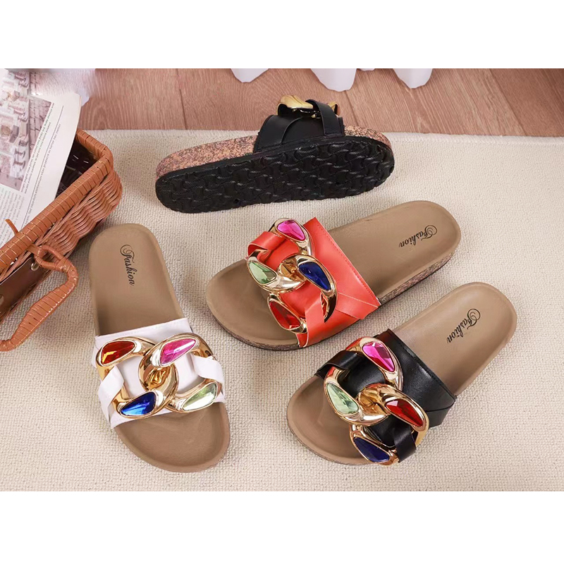 Women's Black Leather Diamond Slippers main image 1