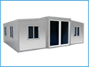 20ft expandable container house with glass curtain wall and L-shaped cabinet.