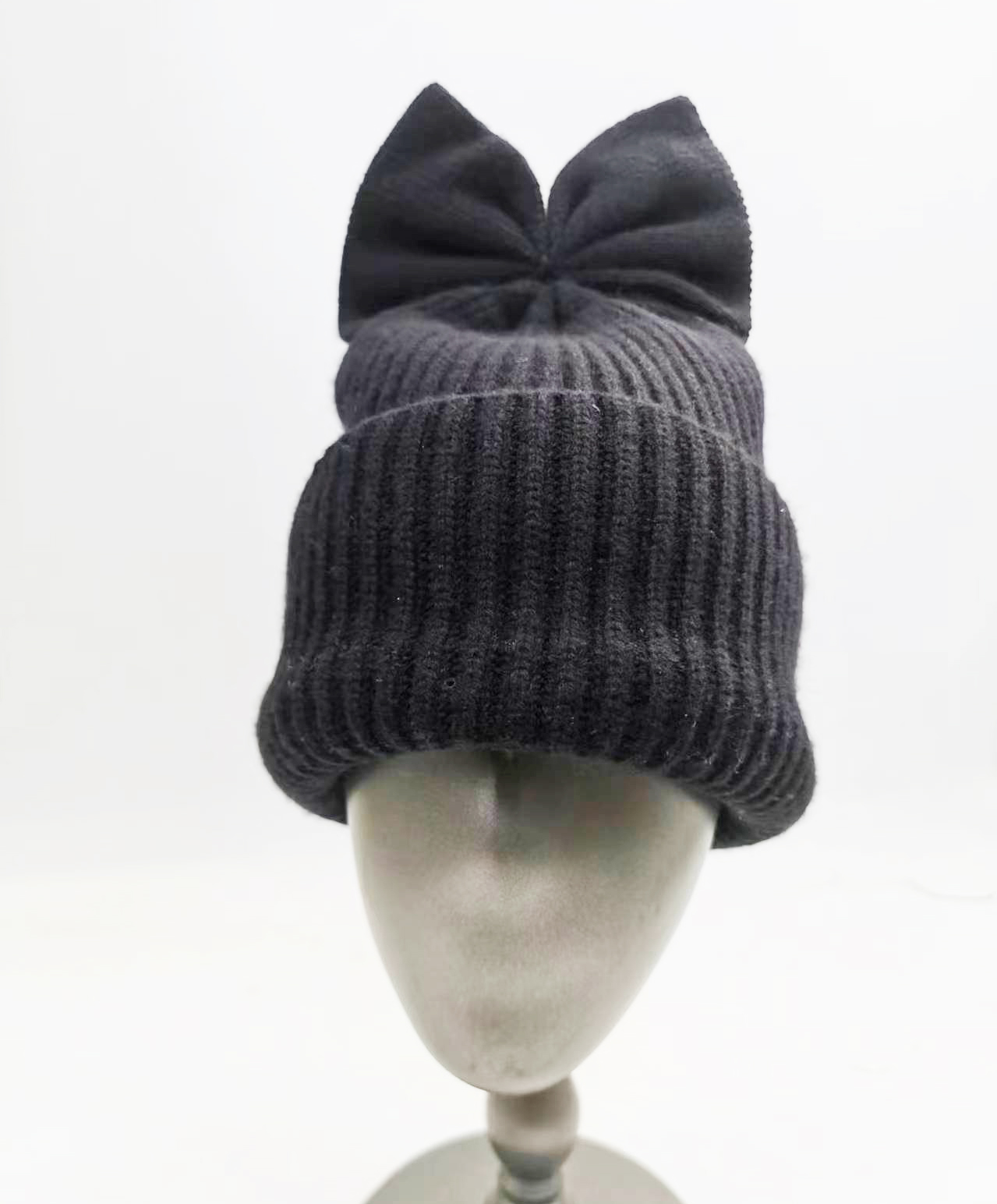 Cashmere rib beanie with big Bow