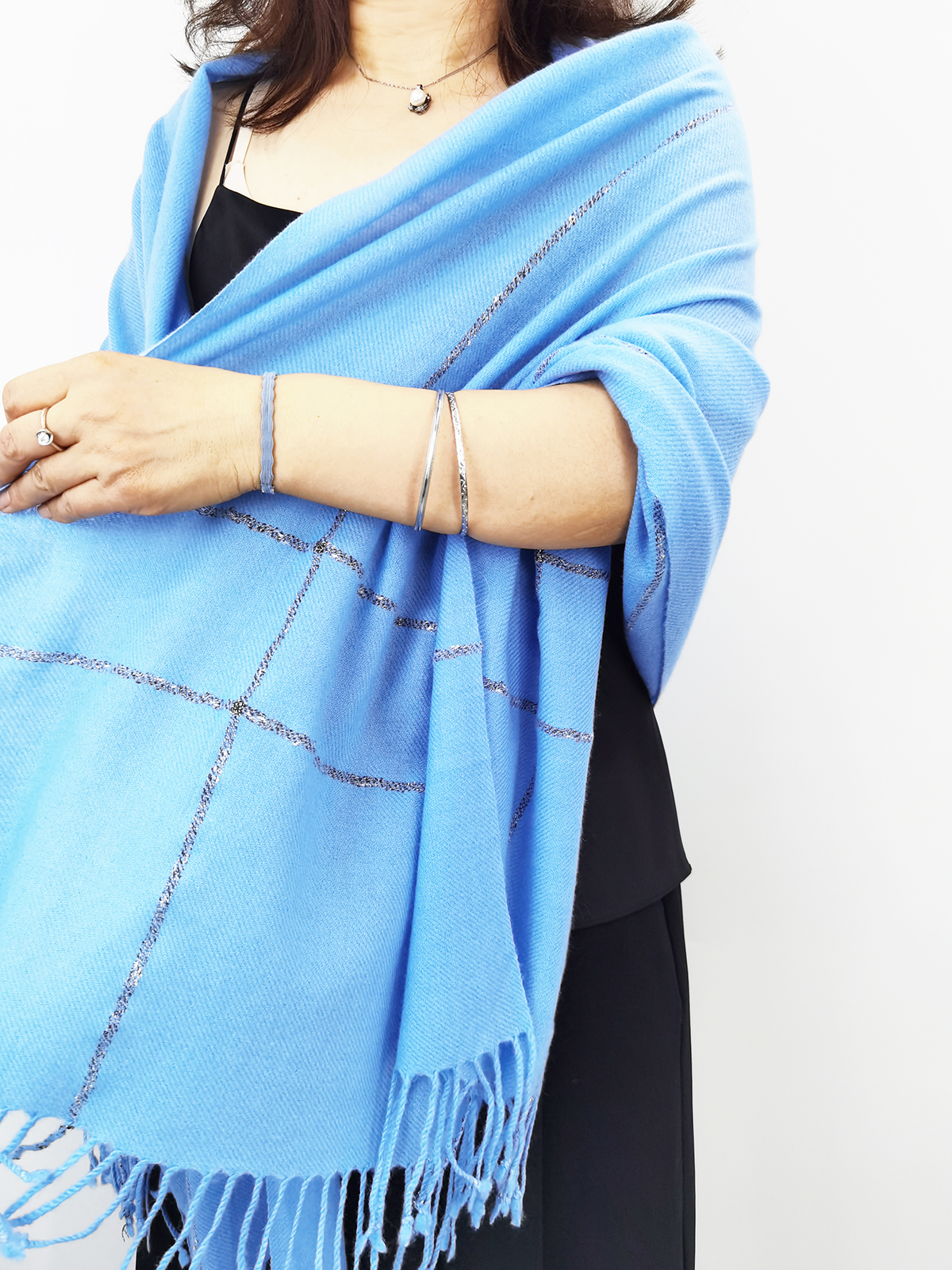 Cashmere twill woven pashmina shawl + lurex stripe