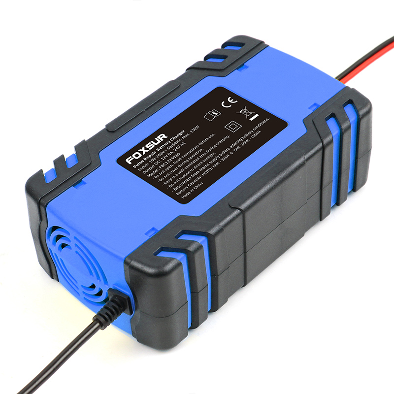FOXSUR 12V 24V 8A 汽车摩托车电池充电器，铅酸AGM 凝胶湿智能电池充电