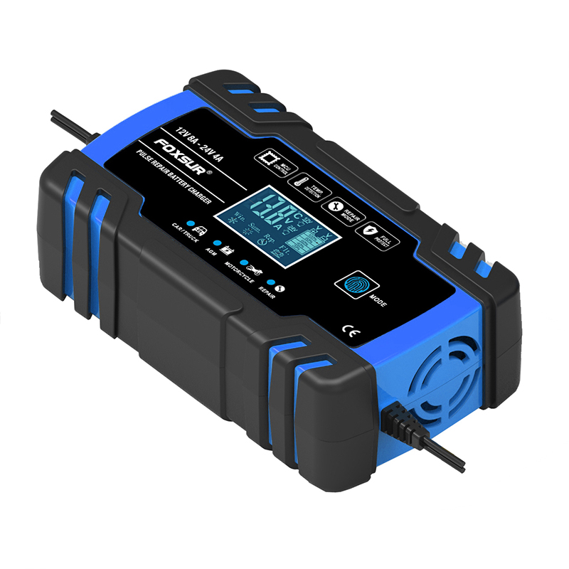 FOXSUR 12V 24V 8A 汽车摩托车电池充电器，铅酸AGM 凝胶湿智能电池充电