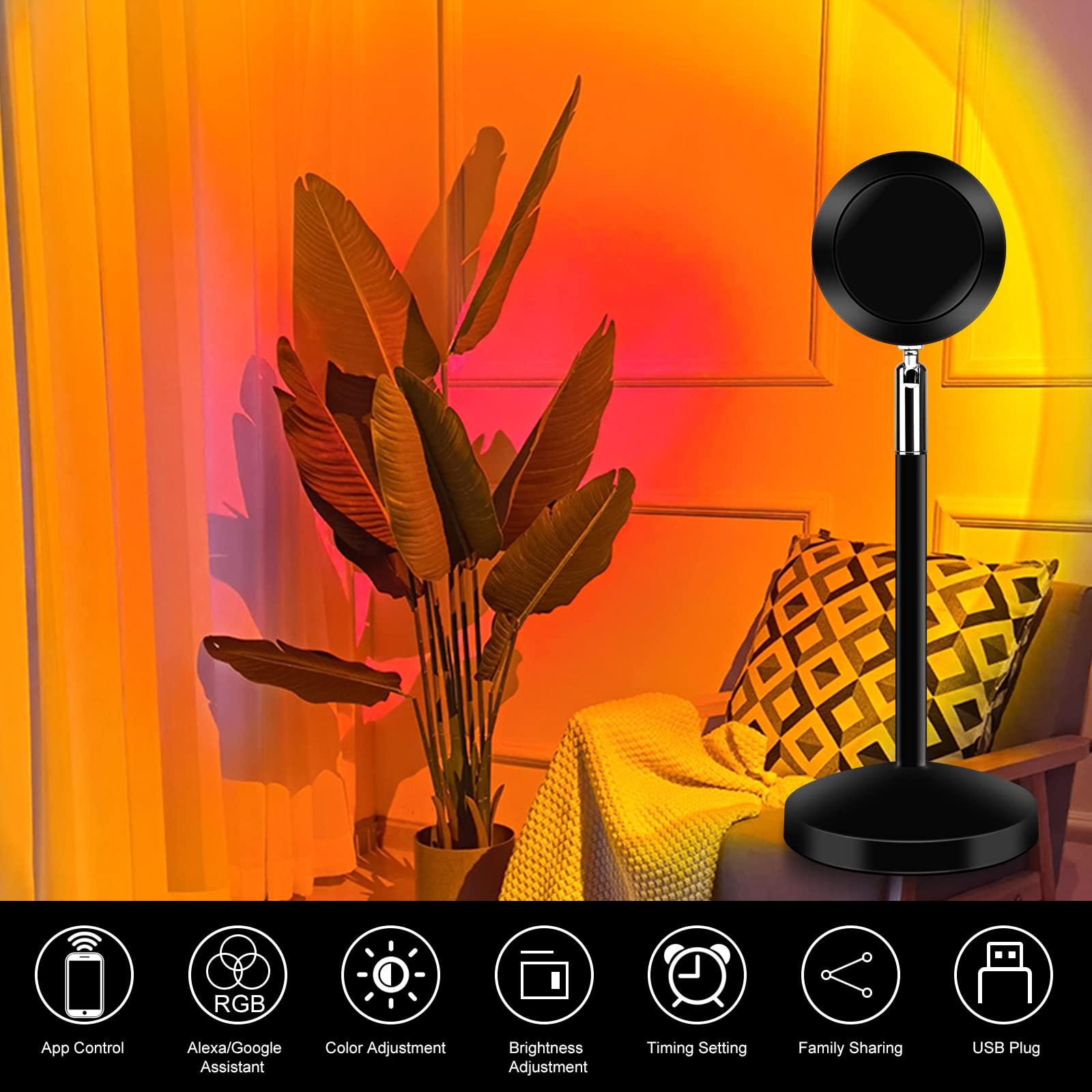 Smart Sunset Lamp with Alexa & App Control – Multicolor Projection for Ambiance