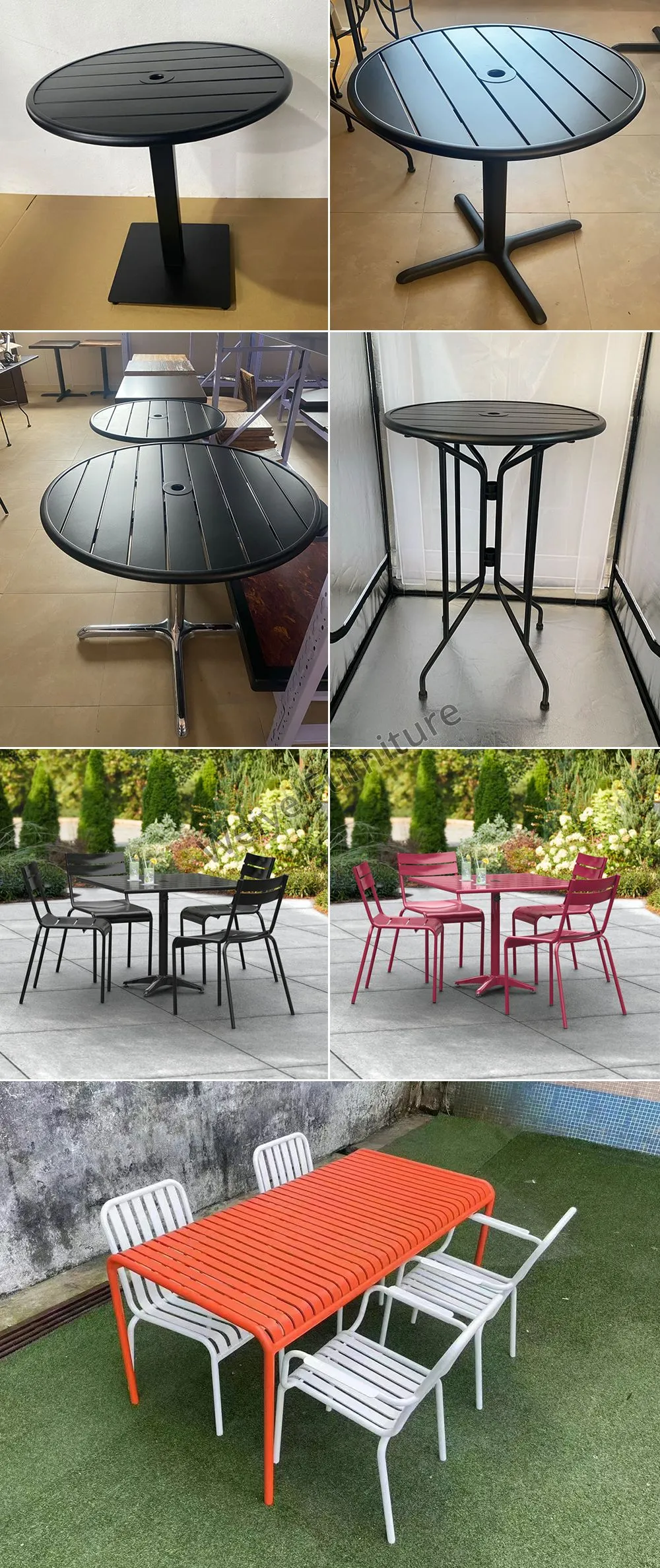 Gartentisch aus Metalllatten mit Loch für Schirm