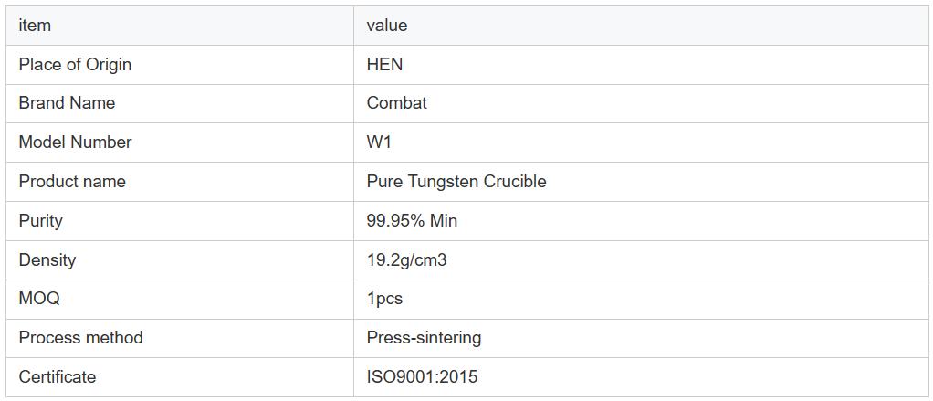 High Quality Tungsten 99.95% pure Tungsten Crucible