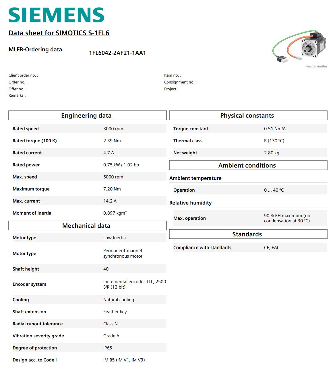 A5E33461355 1FL6042-2AF21-1AA1 AC SERVOMOTOR