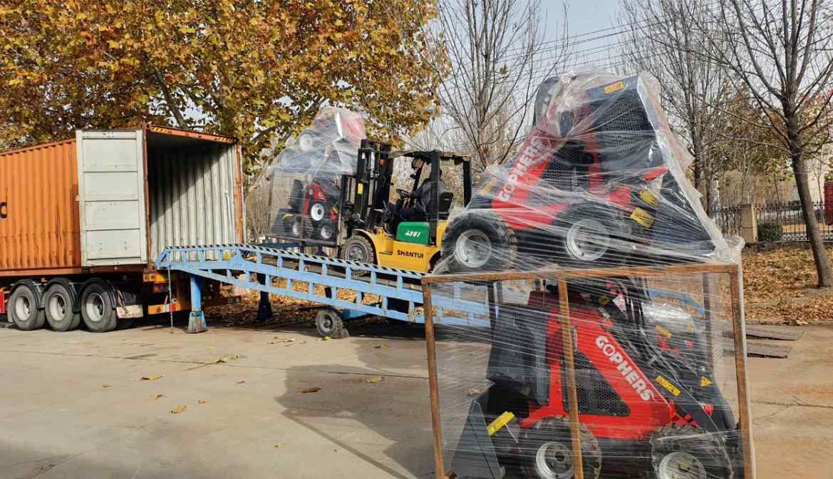 Successful loading and shipment of skid steer loader and attachments ordered by European customer