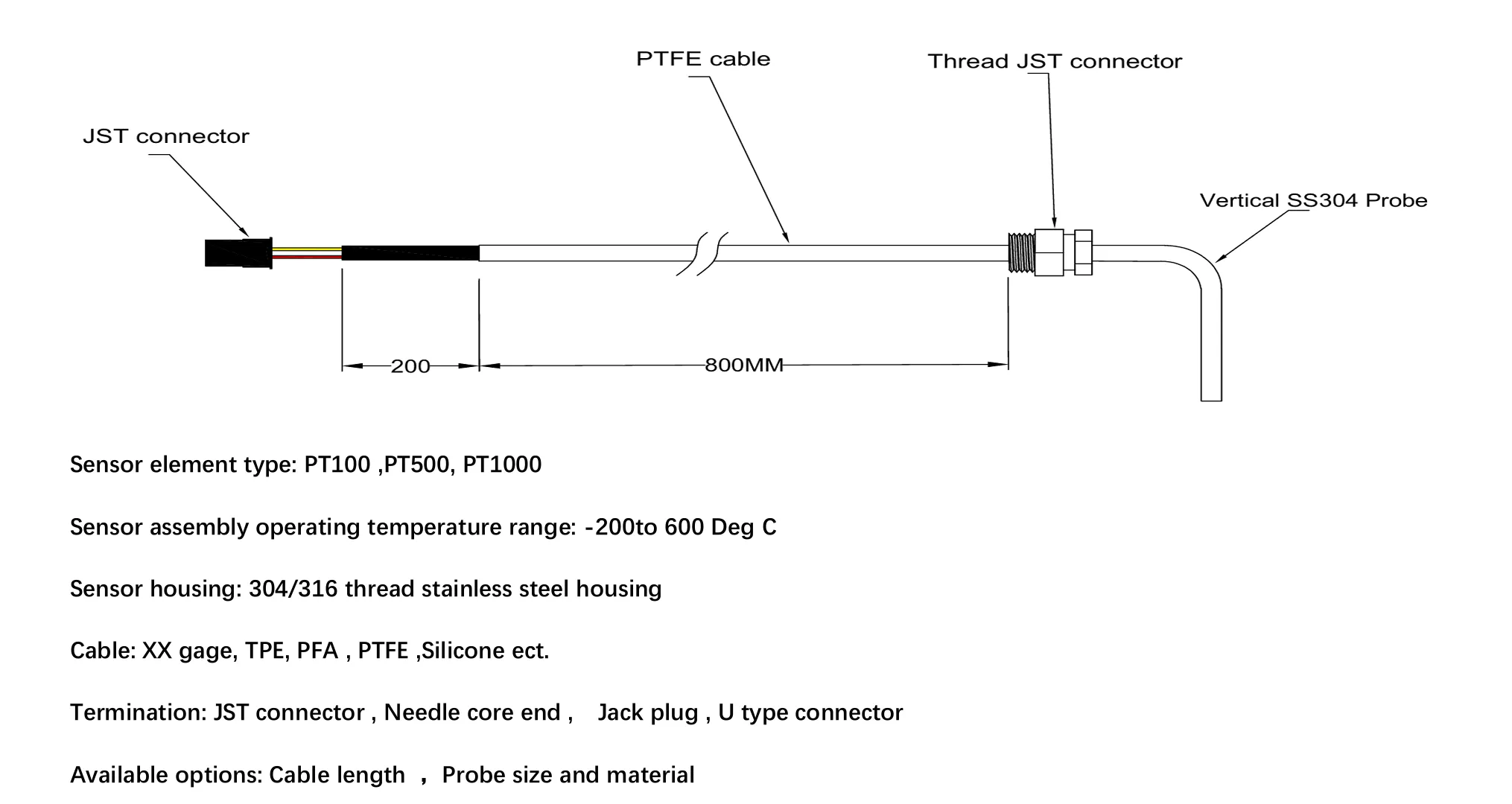 2-wire PT100 Temperature Probe with Threaded Housing