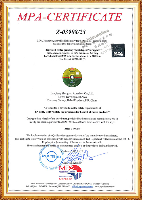 Certificate of OASIS Abrasives