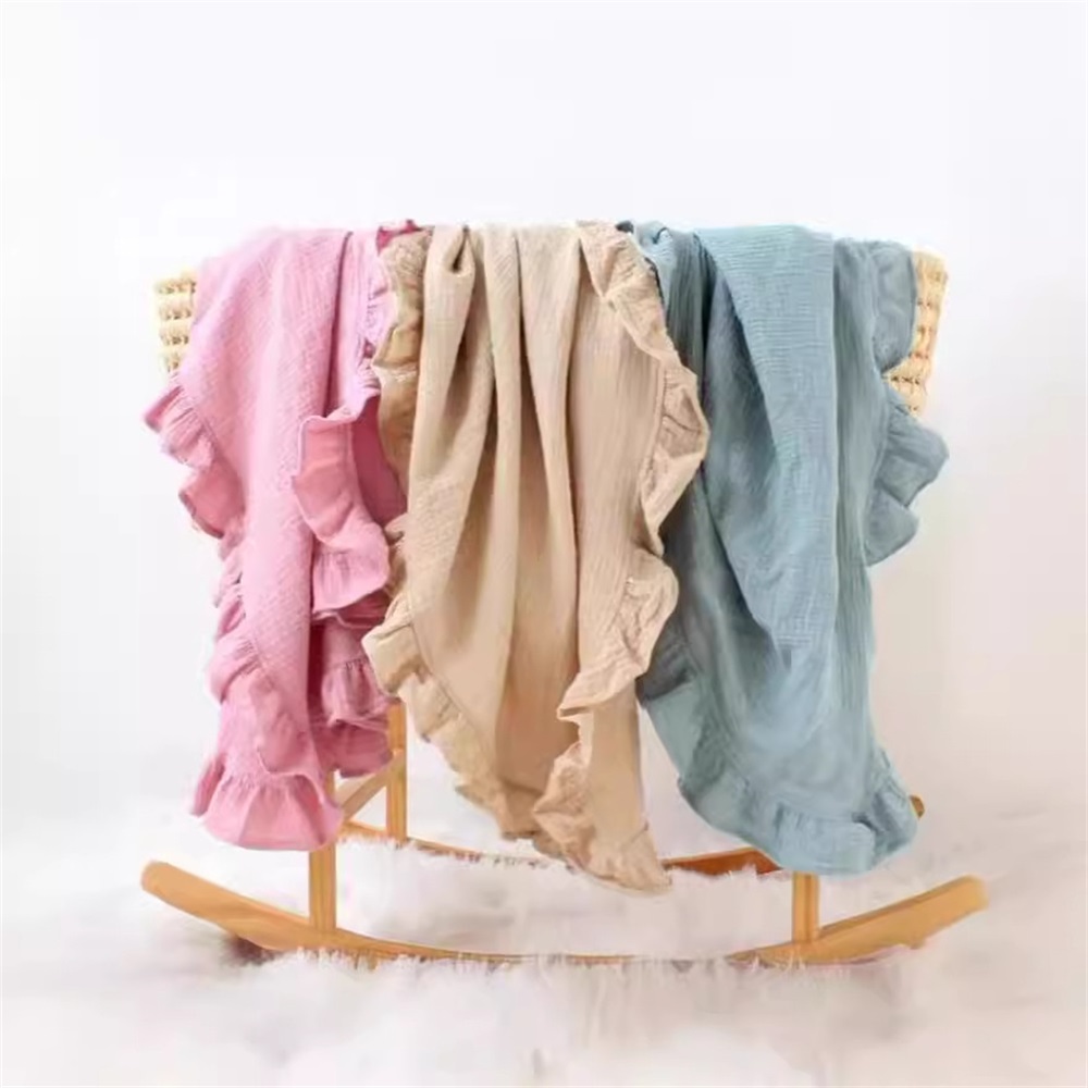 Embroidered baby ruffle solid cotton gauze blanket