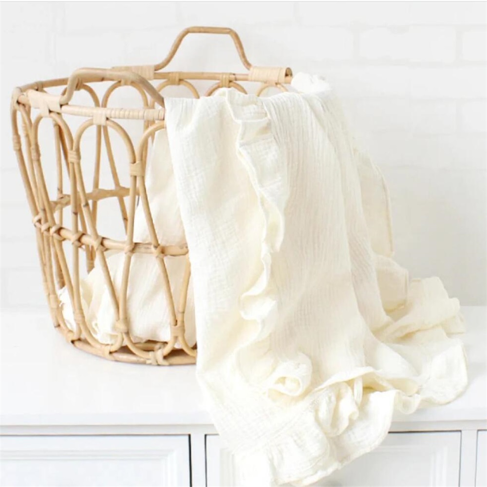 Embroidered baby ruffle solid cotton gauze blanket