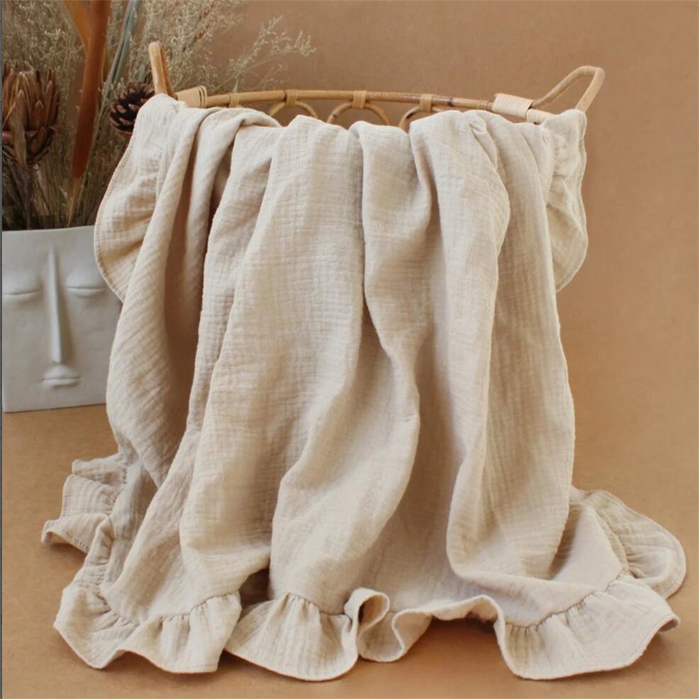 Embroidered baby ruffle solid cotton gauze blanket