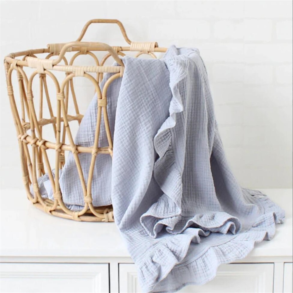 Embroidered baby ruffle solid cotton gauze blanket