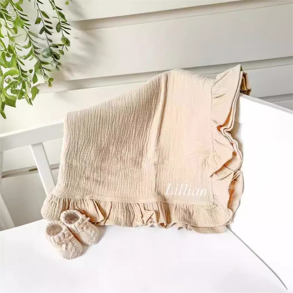 Embroidered baby ruffle solid cotton gauze blanket