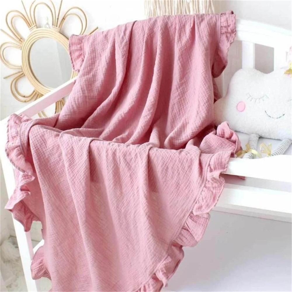 Embroidered baby ruffle solid cotton gauze blanket