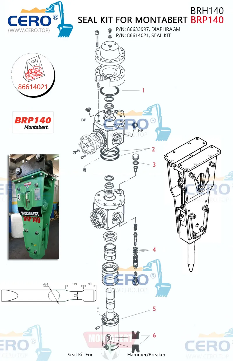 Montabert BRP130 Seal Kit 86404159 Diaphragm 86633997 Membrane 86395365