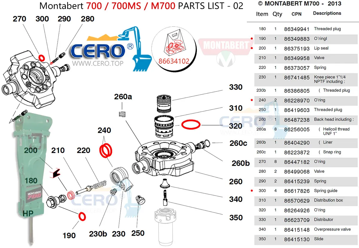 Montabert 700 M700 Seal Kit 86634102 Diaphragm 86634052 Montabert 700MS BRM700