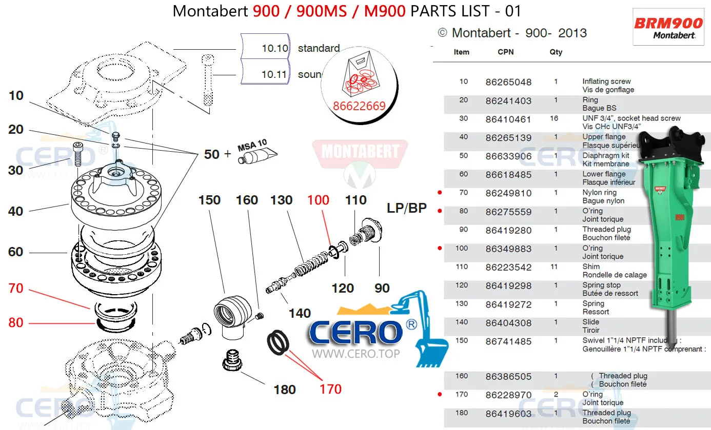 Montabert 900 M900 Seal Kit 86622669 Diaphragm 86633906 Montabert 900MS BRM900