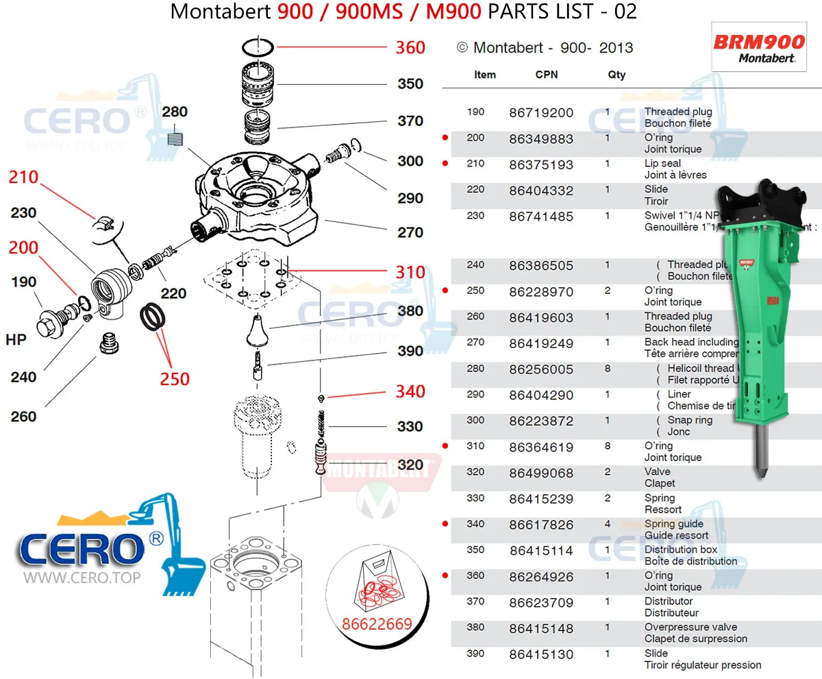 Montabert 900 M900 Seal Kit 86622669 Diaphragm 86633906 Montabert 900MS BRM900