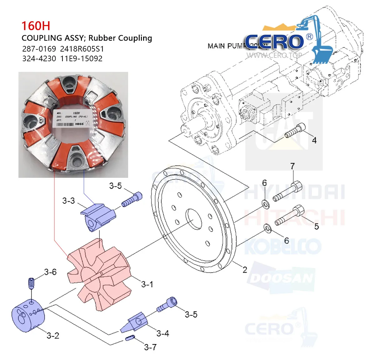 160H Coupling Element SH300A2 LS380 ZX360-3 DH220-9 DH300 DH330-7 JCB330