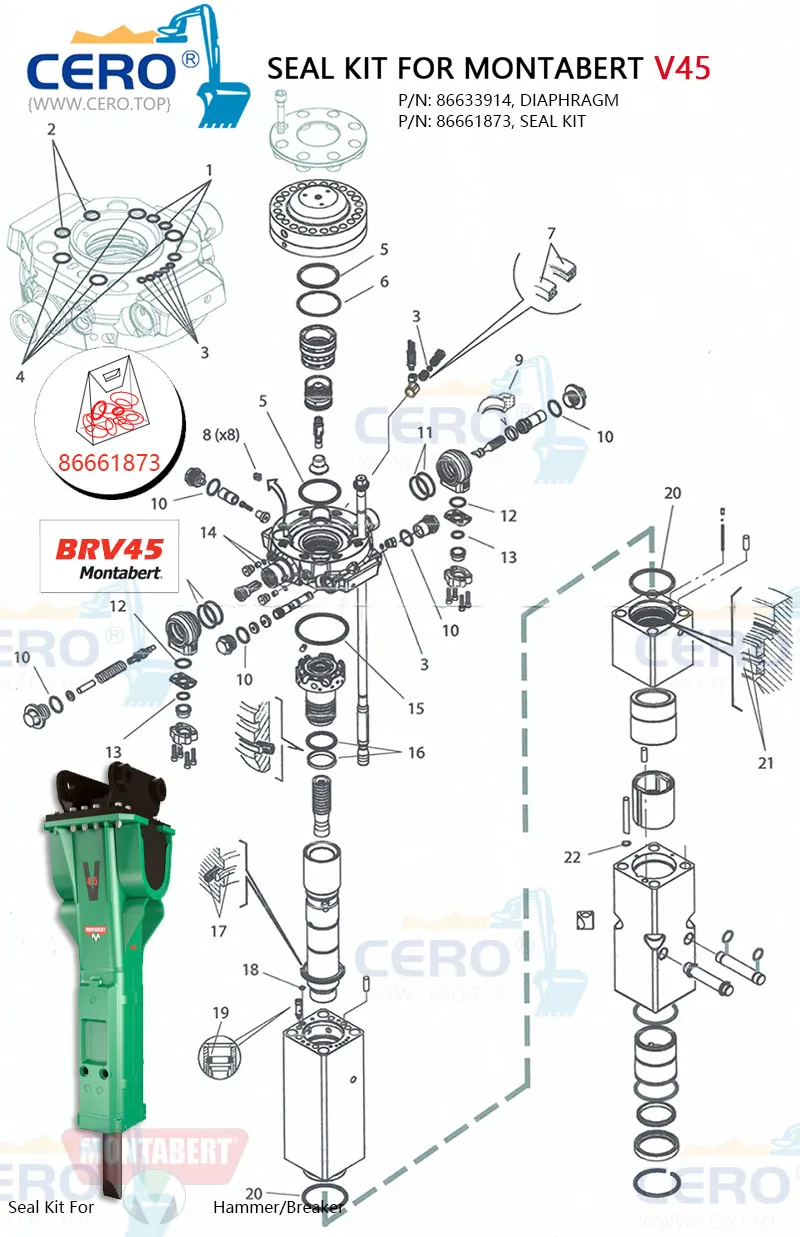 Montabert V45 V45SHD Seal Kit 86661873 Diaphragm 86633914 Membrane