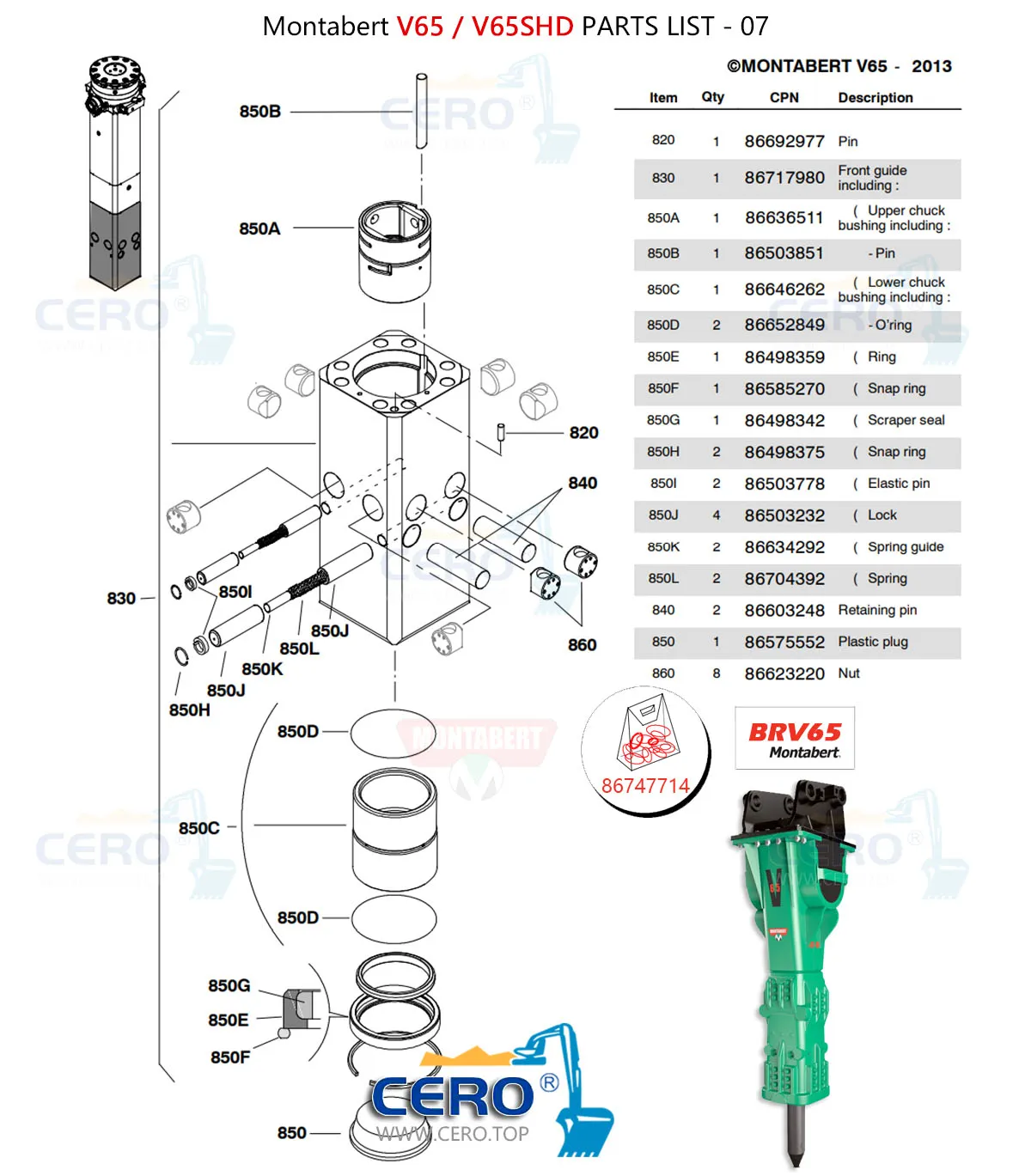 Montabert V65 V65SHD Seal Kit 86747714 Diaphragm 86634029 Membrane