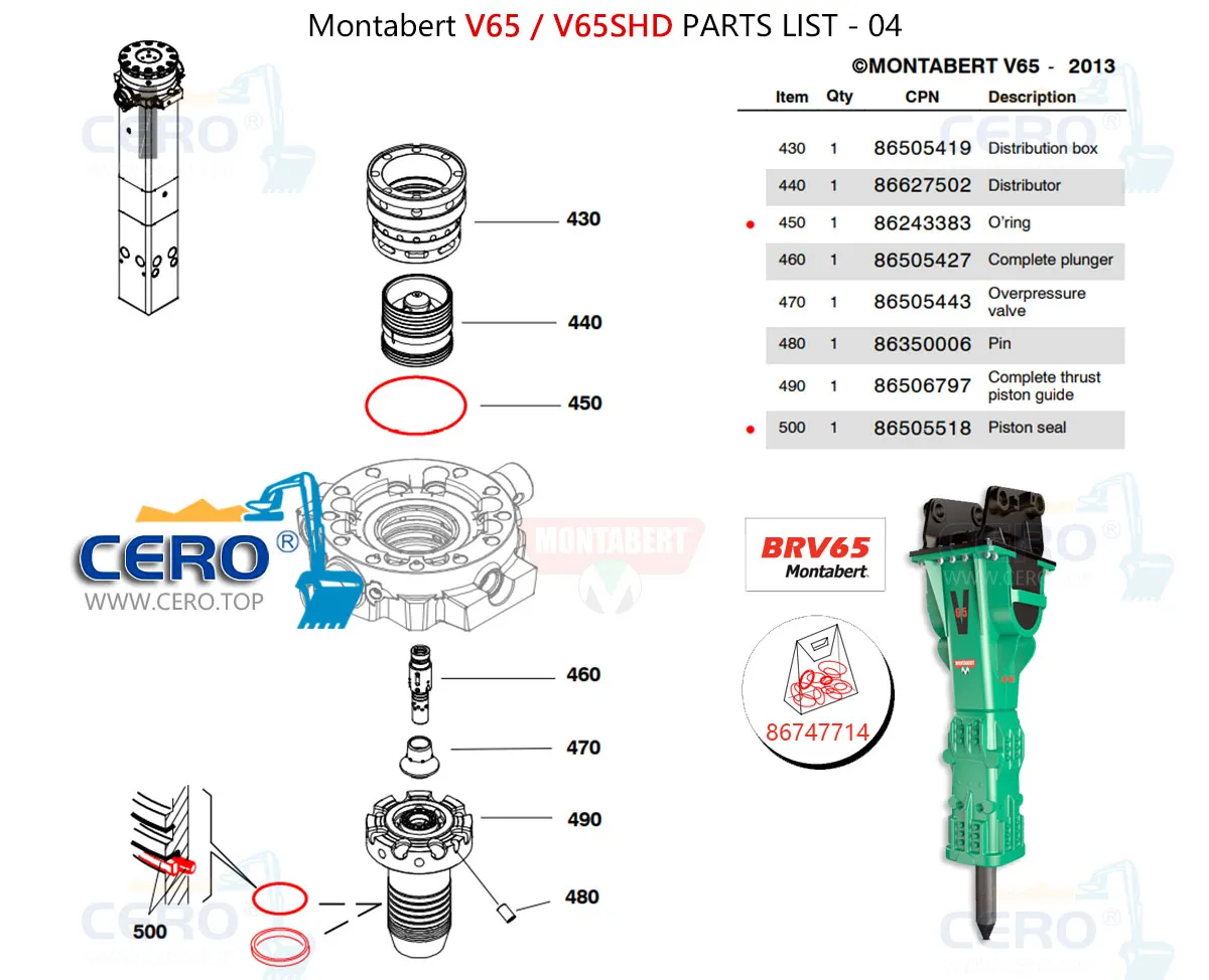 Montabert V65 V65SHD Seal Kit 86747714 Diaphragm 86634029 Membrane