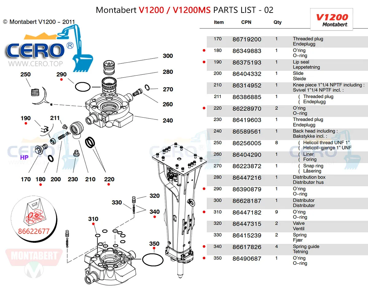 Montabert V1200 V1200MS Seal Kit 86622677 Diaphragm 86633906 Membrane