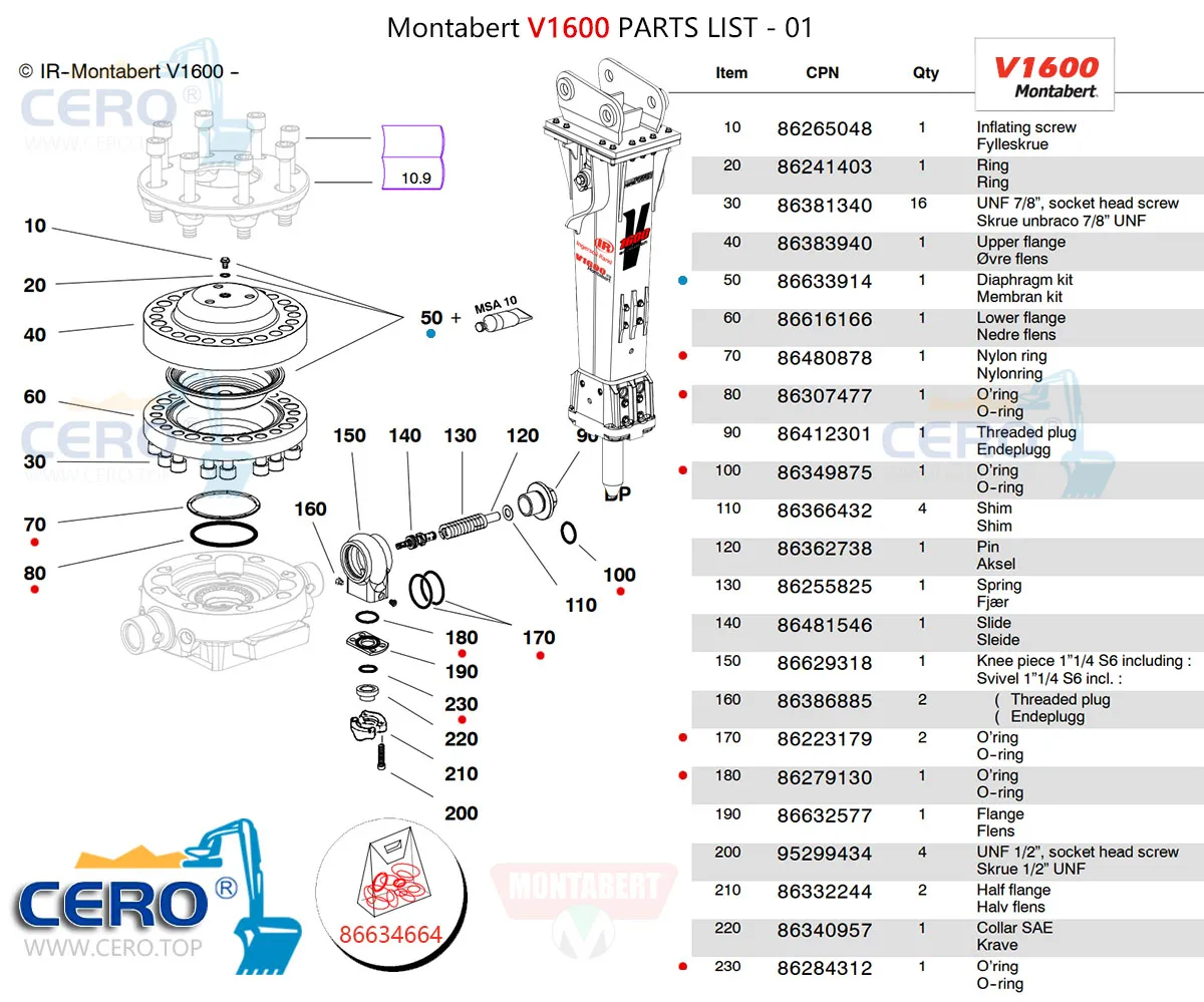 Montabert V1600 Seal Kit 86634664 Diaphragm 86633914 Membrane