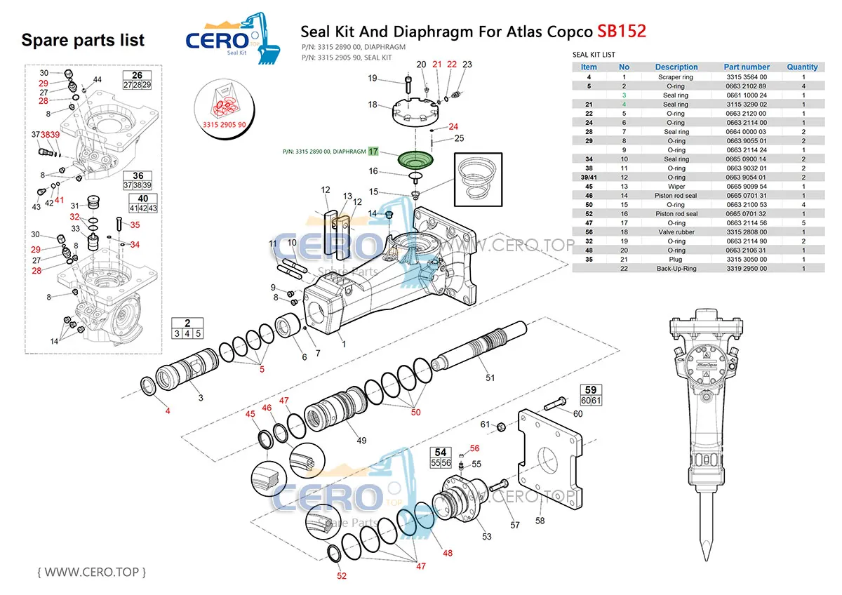 Epiroc Atlas Copco SB152 SB 152 DIAPHRAGM 3315289000 CFW MB119-2 SEAL KIT 3315290590