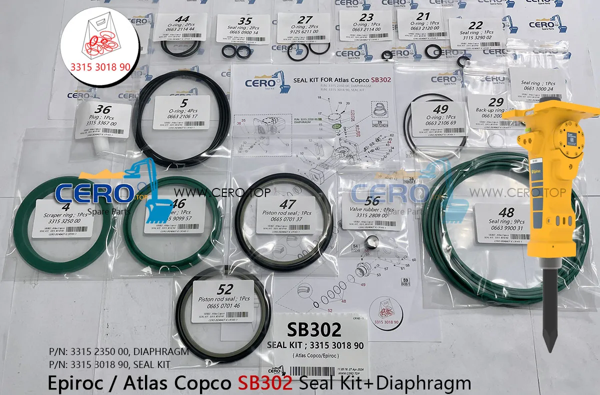 Epiroc Atlas Copco SB302 SB 302 SEAL KIT 3315 3018 90 DIAPHRAGM 3315 2350 00 MEMBRANE