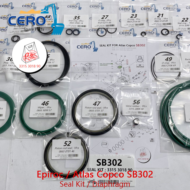 Epiroc Atlas Copco SB302 SB 302 SEAL KIT 3315 3018 90 DIAPHRAGM 3315 2350 00 MEMBRANE