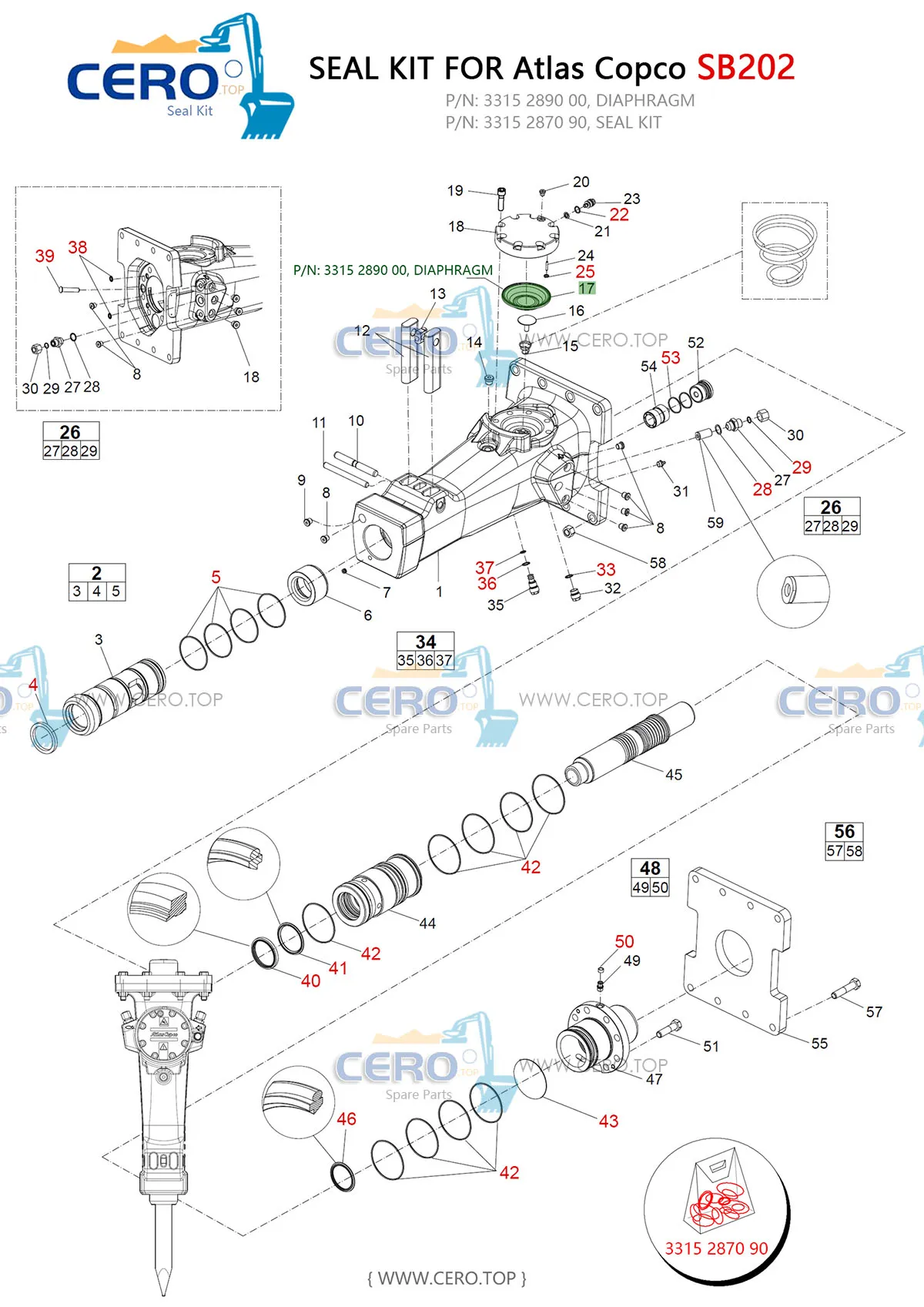 Epiroc Atlas Copco SB202 SB 202 DIAPHRAGM 3315289000 CFW MB119-2 SEAL KIT 3315287090