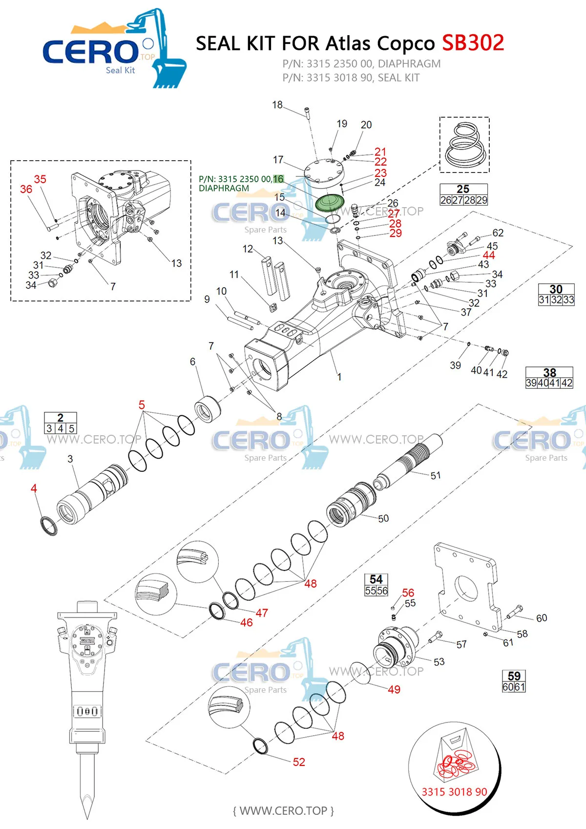 Epiroc Atlas Copco SB302 SB 302 SB-302 DIAPHRAGM 3315235000 MEMBRANE 3315301890 SEAL KIT