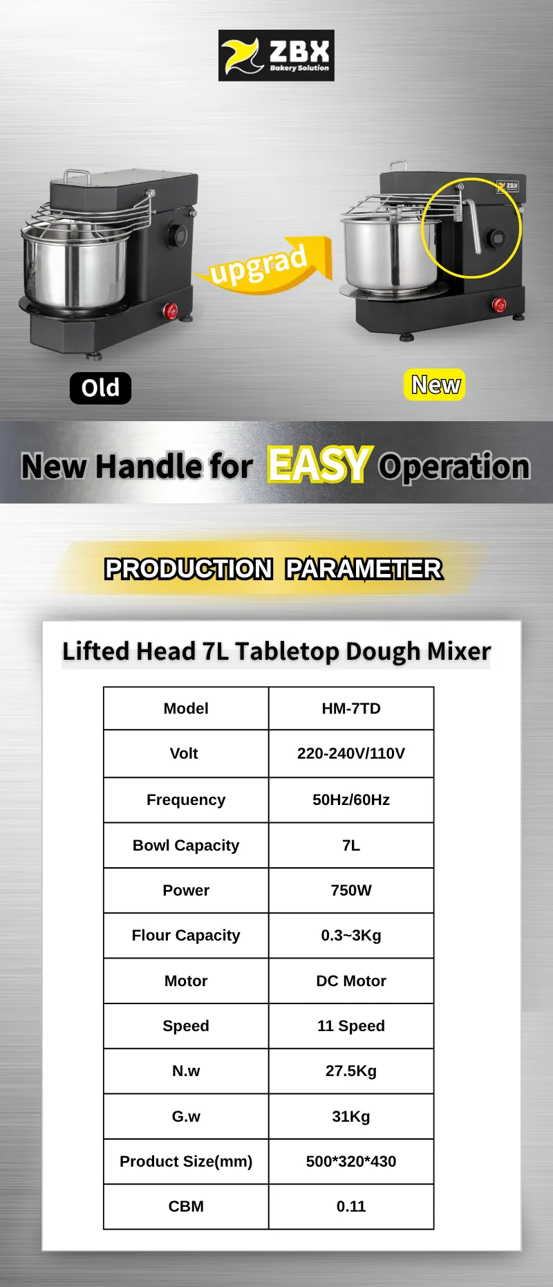 7 Liter Lifted Head Removable Bowl Tabletop Food Mixer Dough Mixer