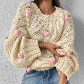 Áo len đan jacquard cổ tròn nữ nhập khẩu sỉ