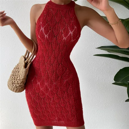 Women's Red Wrap Sweater Dress Supplier