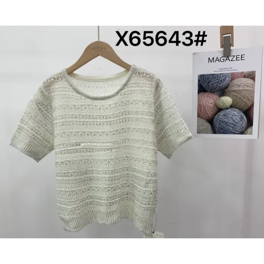 Women short sleeved striped knitted pullover sweater