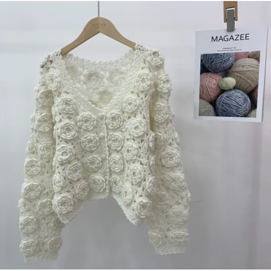 Knitted flower hollow design cardigan sweater